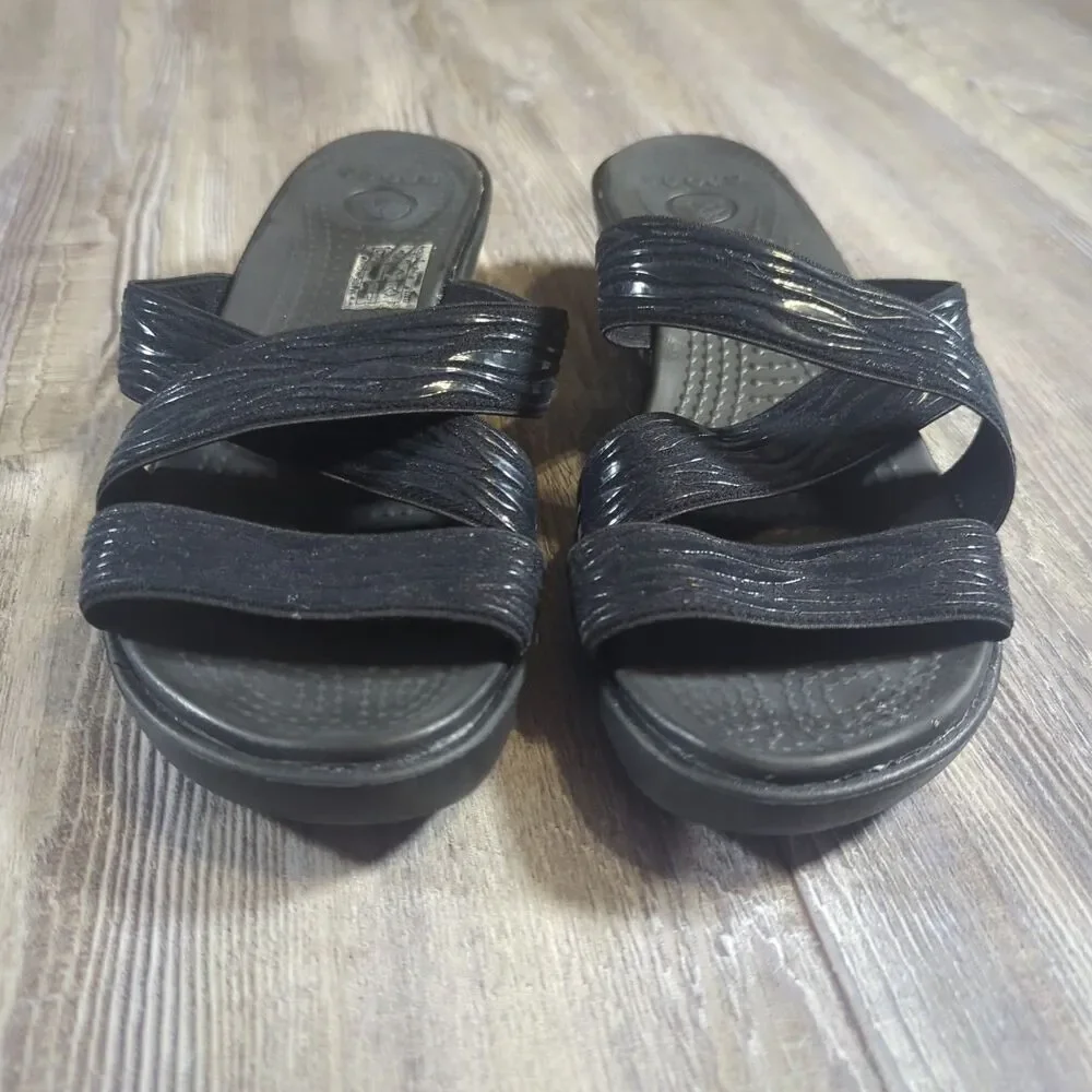 Crocs Sandals Women's Size 8 Molalla II Black Animal Print Criss Cross Wedge